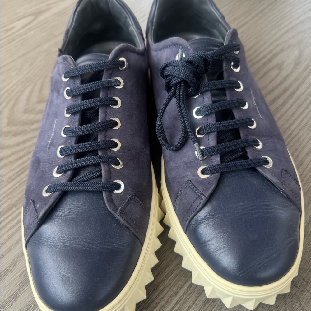 Salvatore Ferragamo Blue Cream Low-Top Sneakers